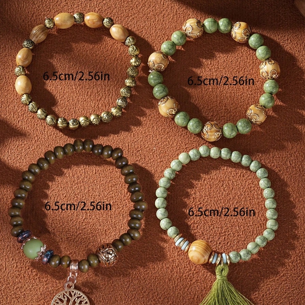 BOHO HEADED STACKED BRACELETS with CHARMS and TASSEL NWT - Picture 2 of 6